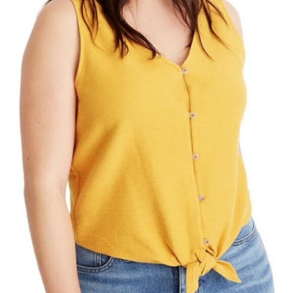 Madewell Texture & Thread Yellow Gold  Button Front Tie Waist Top M Granny Chic - Picture 1 of 11